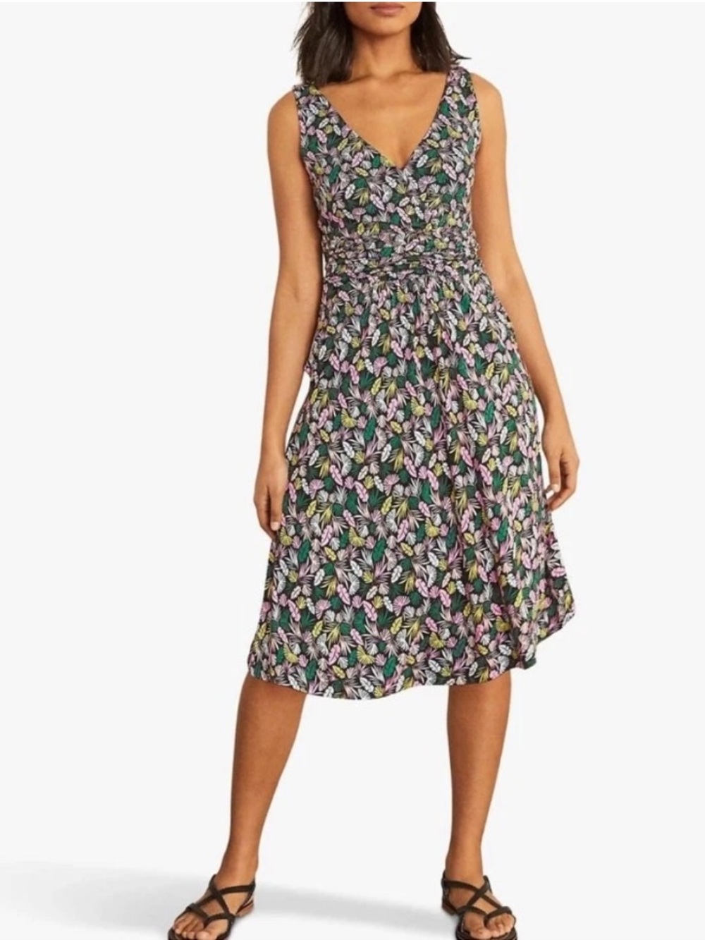 BODEN EFFIE V-NECK WRAP TANK DRESS Sleeveless Floral Leaf Print Midi Dress 12P